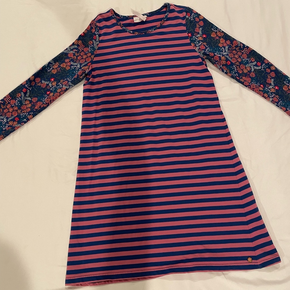 EUC Matilda Jane 435 Dress Size 12 with Floral and Stripe Design. Pink/Blue